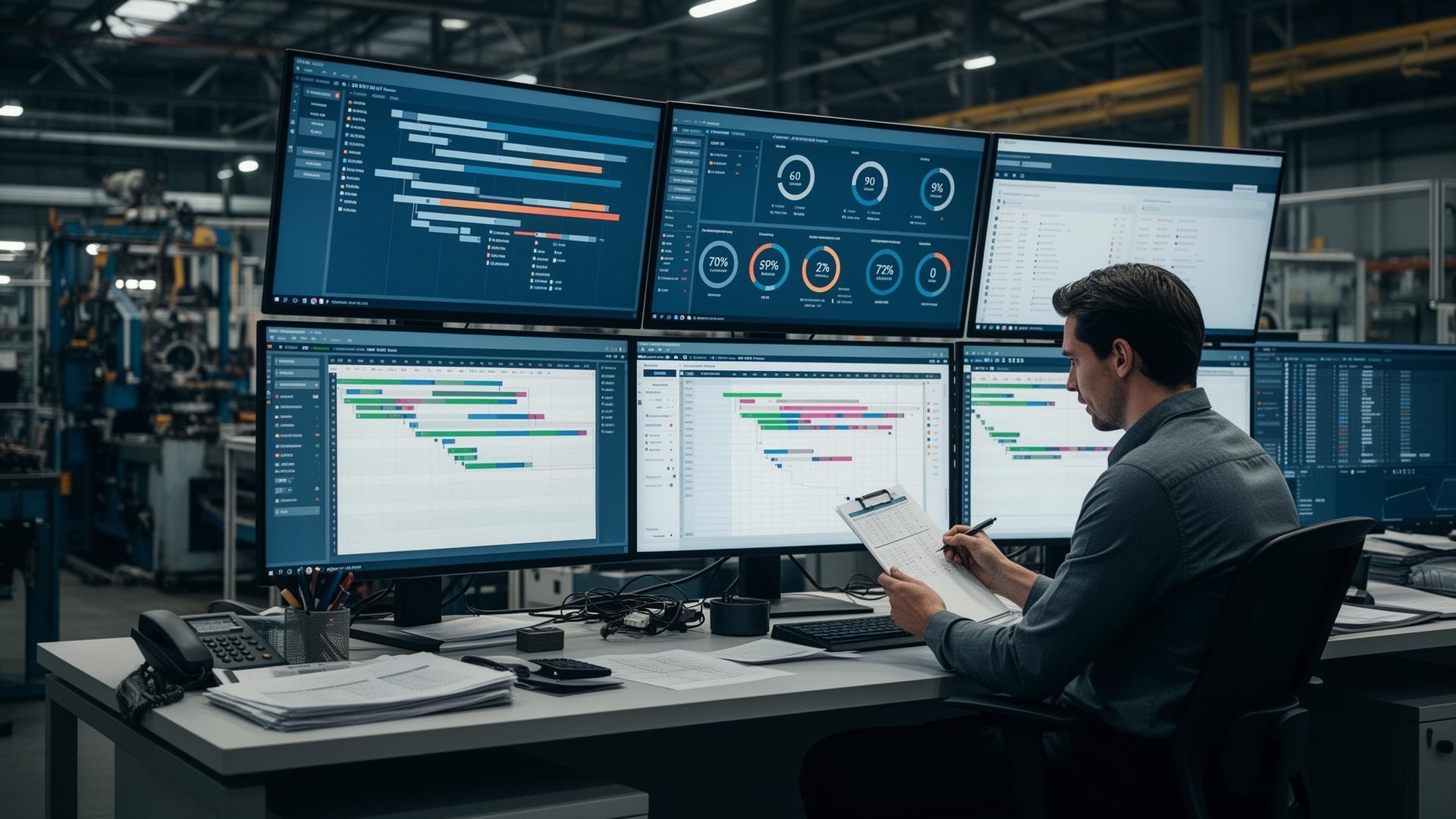 Control room dashboards showing live factory KPIs
