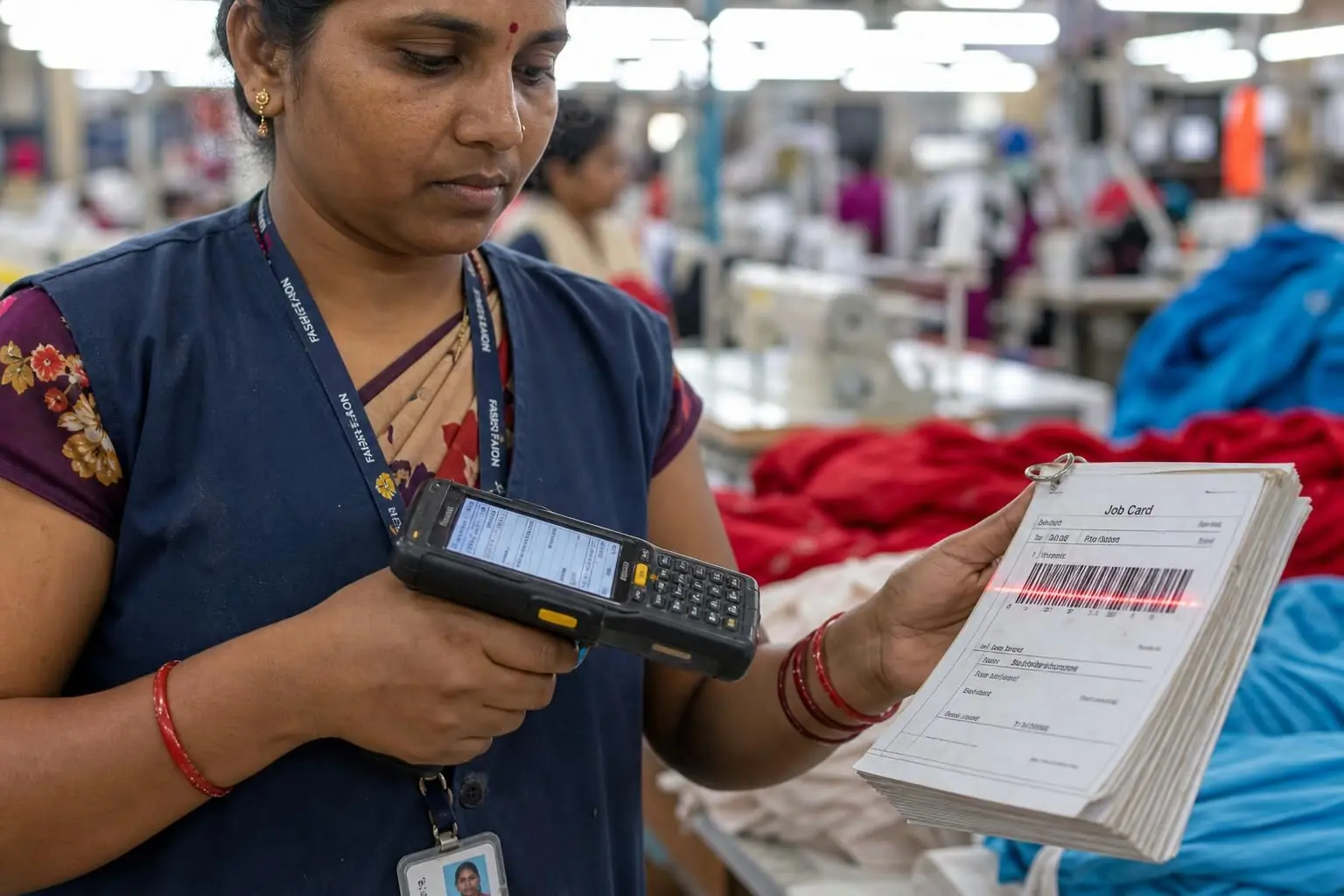 Worker scanning leather goods with handheld barcode scanner