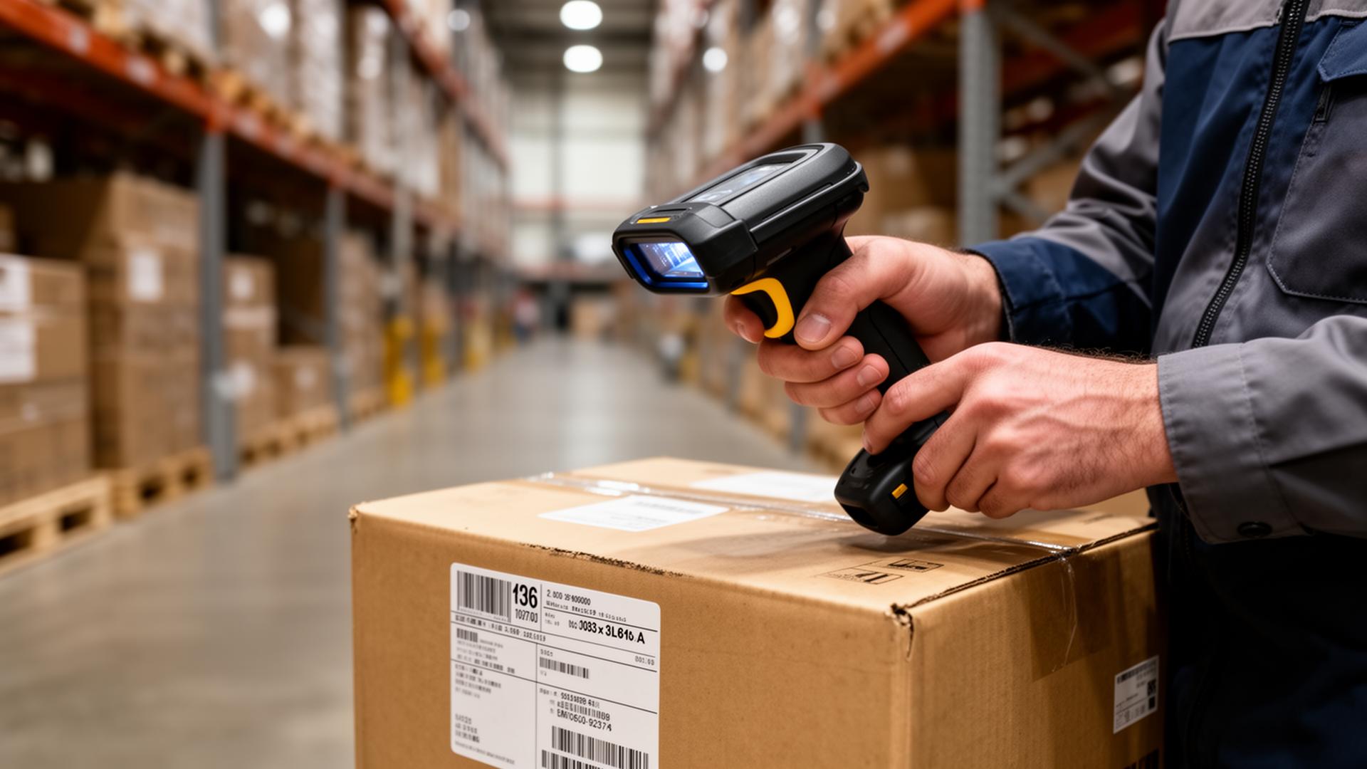 Worker scanning leather goods with handheld barcode scanner