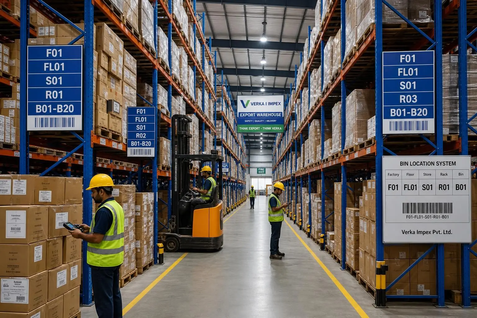 Smart warehouse with barcoded racks and forklift