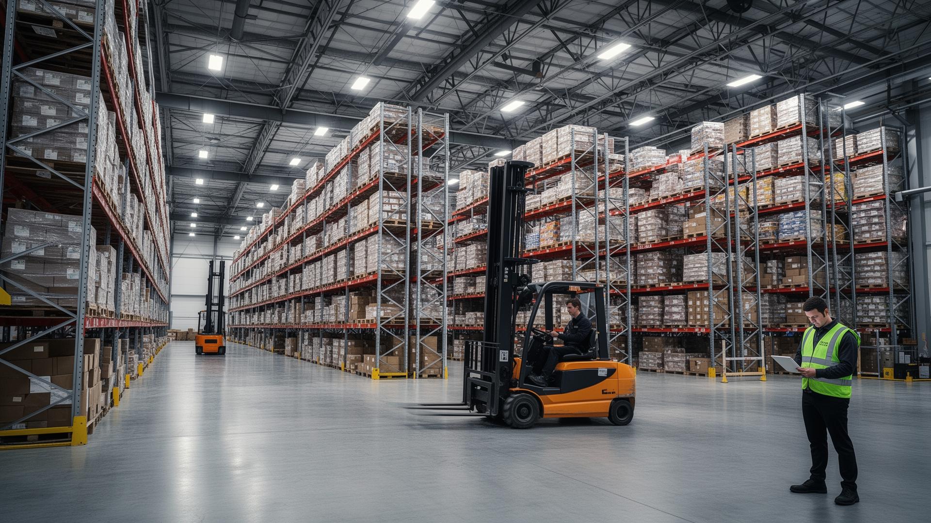 Smart warehouse with barcoded racks and forklift