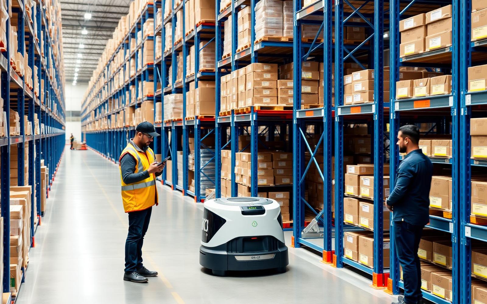 Modern automated warehouse with barcoded racks