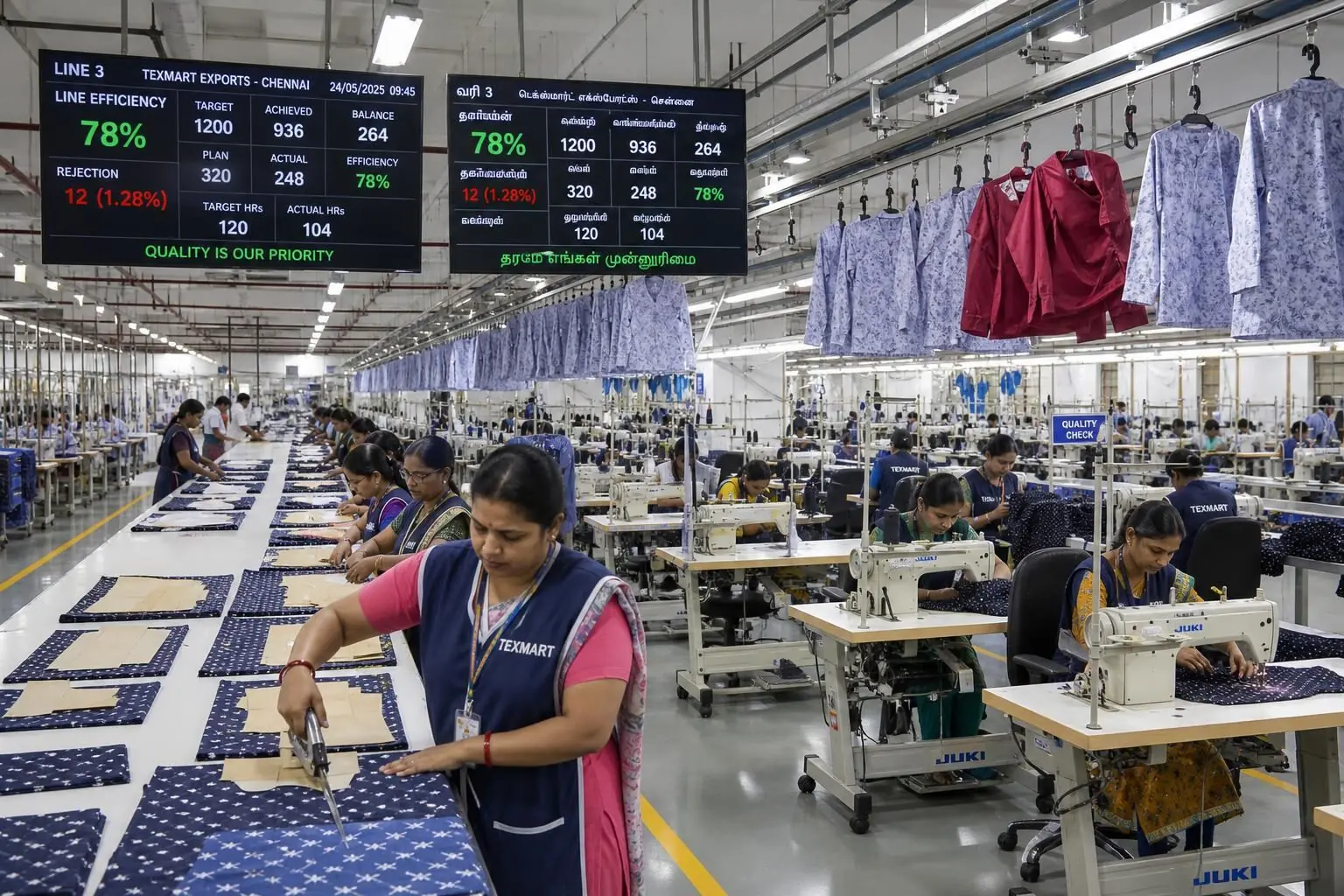Modern garment cutting room with long fabric spreads