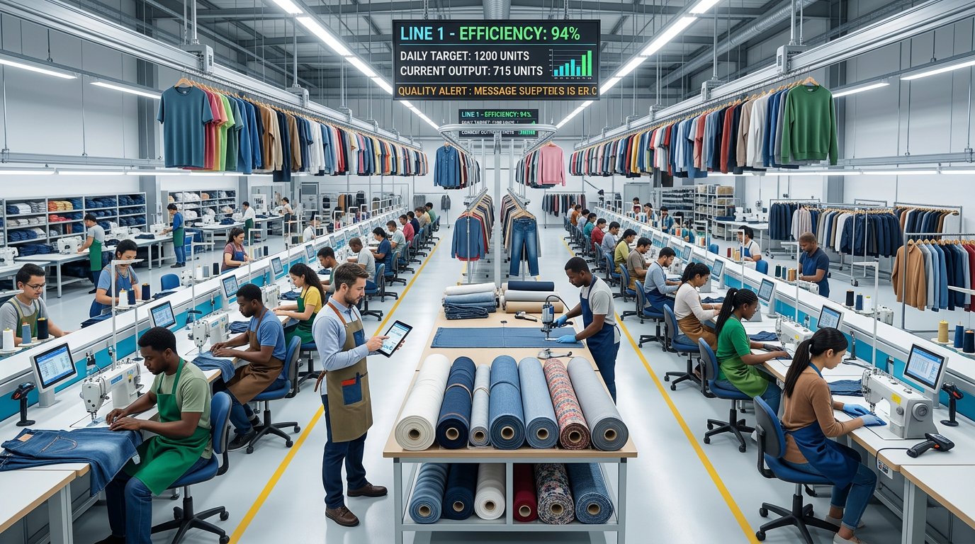 Modern garment cutting room with long fabric spreads