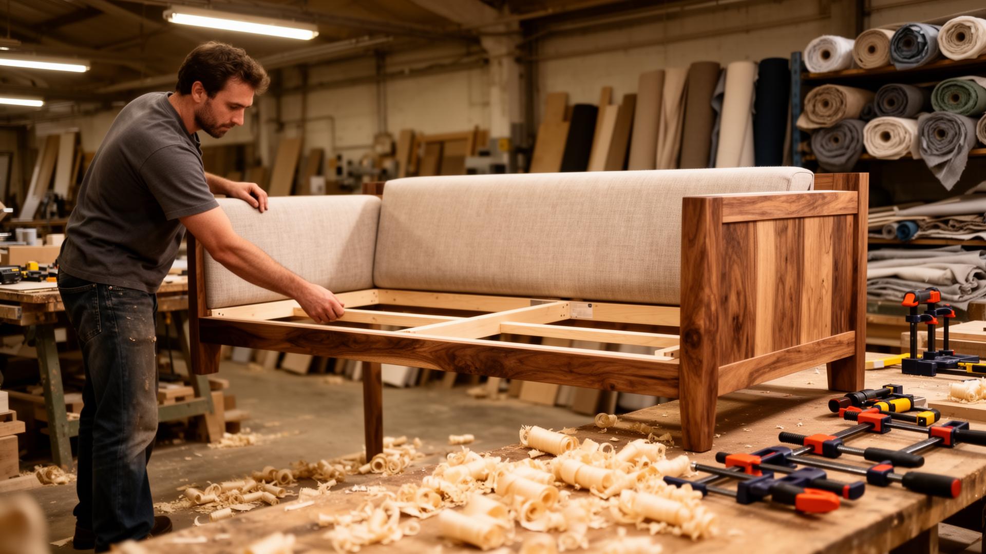 Furniture workshop with craftsmen upholstering sofa frames