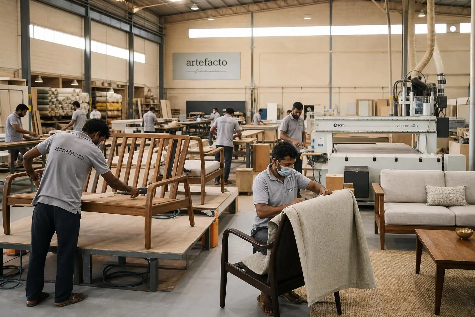 Furniture workshop with craftsmen upholstering sofa frames
