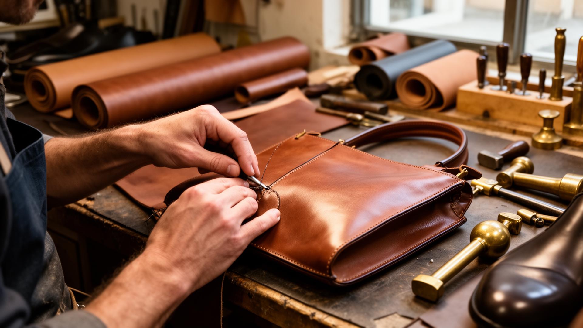 Skilled artisan stitching a premium leather wallet at workbench